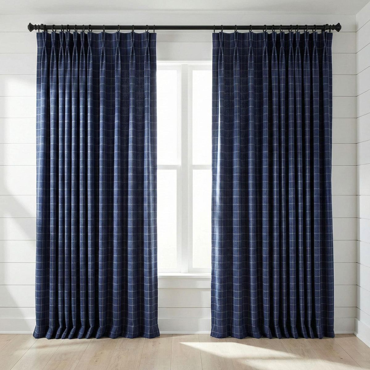 Navy Blue Linen Plaid Pinch Pleat Curtains, Farmhouse Windowpane Check, Single/Pair, Custom Size, Lined or Blackout — image 10