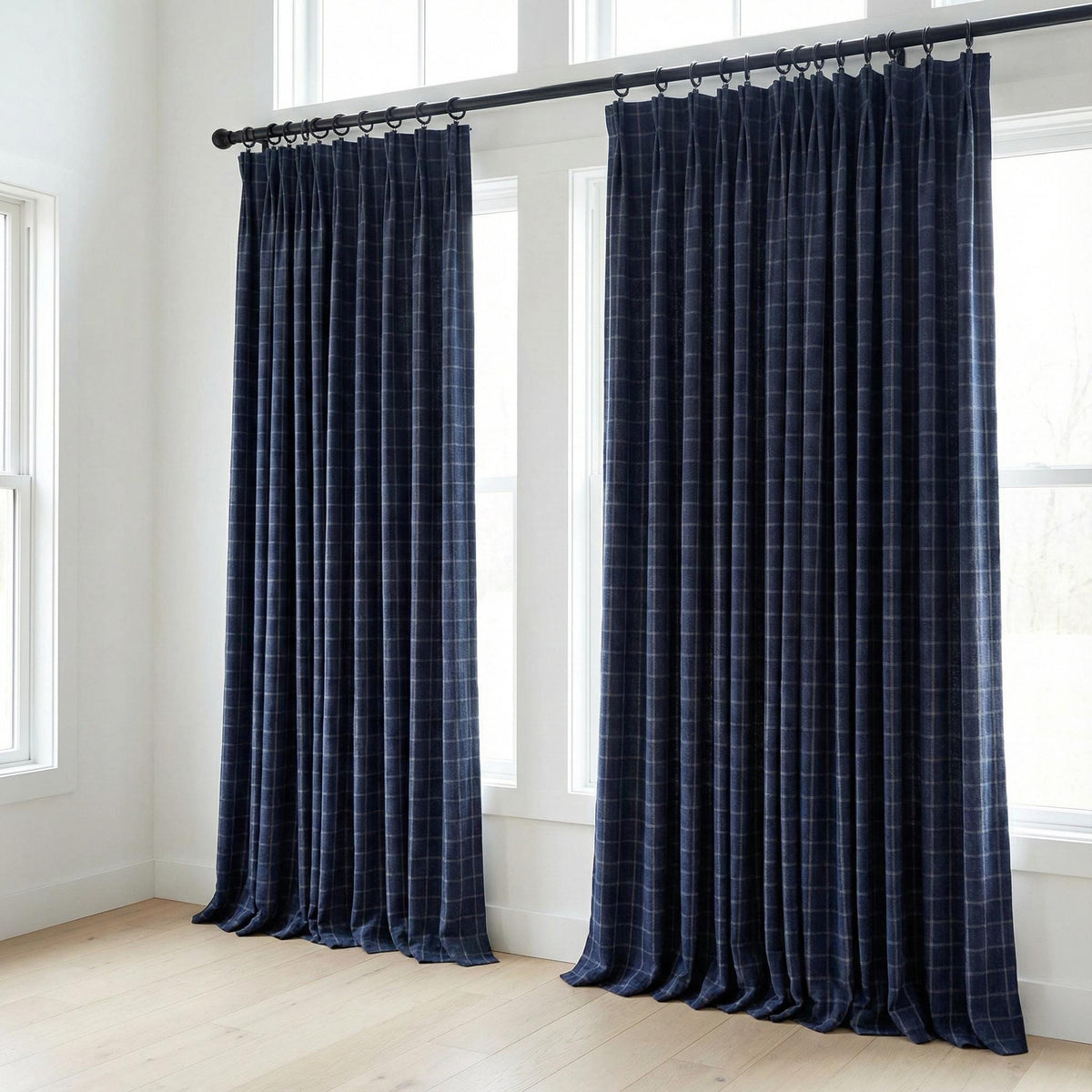 Navy Blue Linen Plaid Pinch Pleat Curtains, Farmhouse Windowpane Check, Single/Pair, Custom Size, Lined or Blackout — image 7