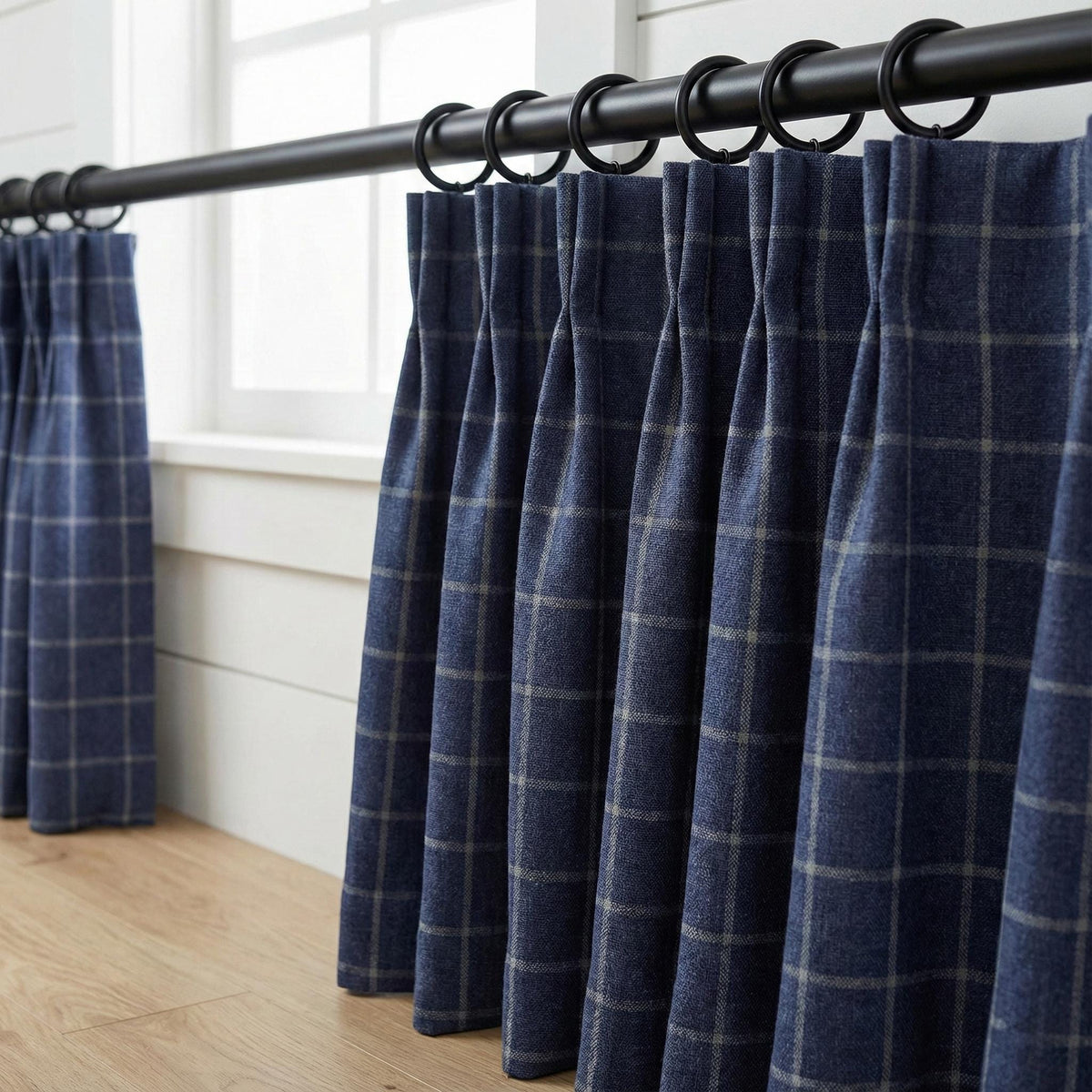 Navy Blue Linen Plaid Pinch Pleat Curtains, Farmhouse Windowpane Check, Single/Pair, Custom Size, Lined or Blackout — image 9