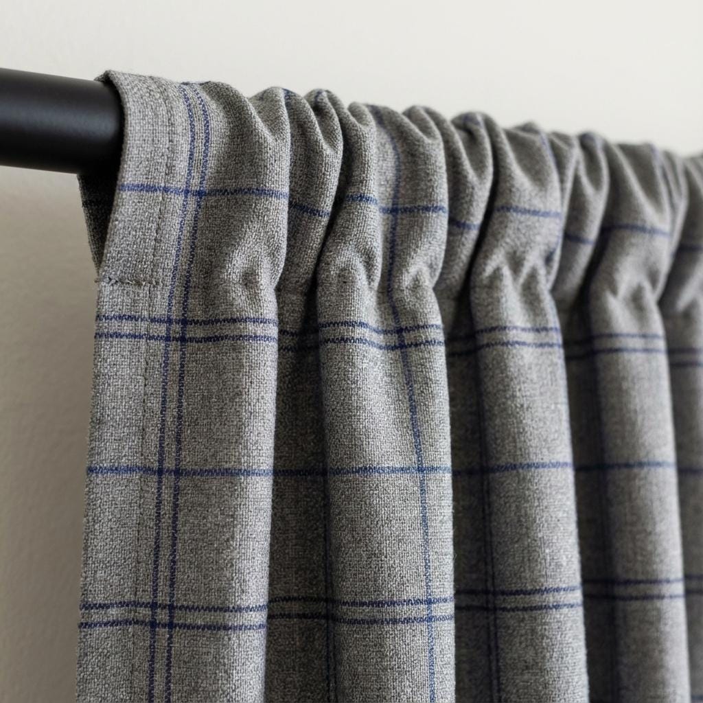 Grey Linen Curtains with Blue Windowpane Plaid, Farmhouse Drapes, Custom Size, Unlined/Cotton Lined/Blackout Option — image 8