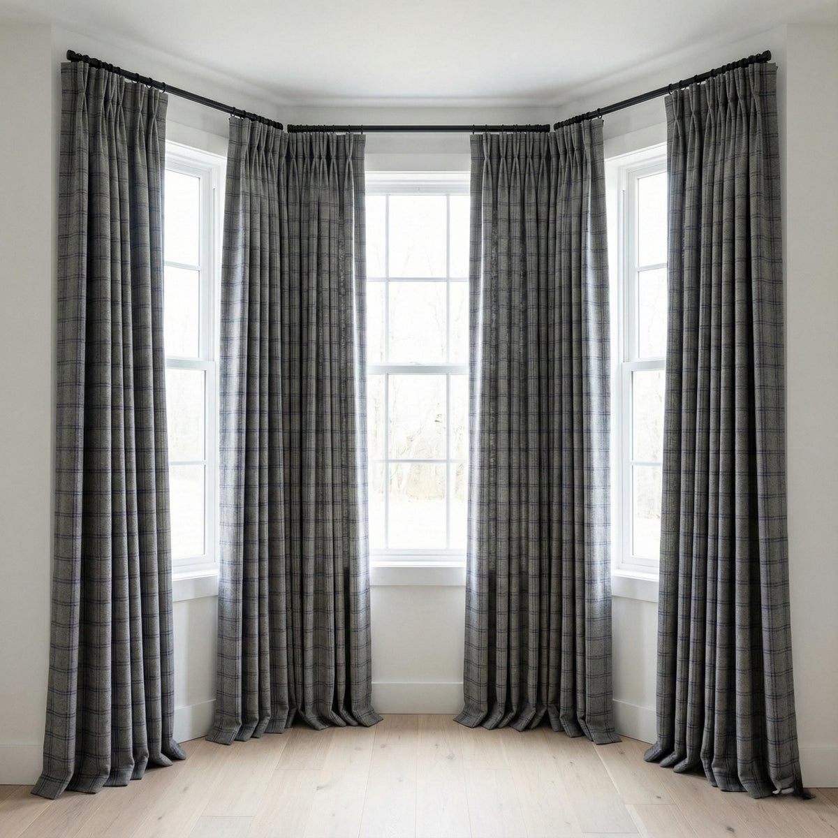Grey Linen Curtains with Blue Windowpane Plaid, Farmhouse Drapes, Custom Size, Unlined/Cotton Lined/Blackout Option — image 9