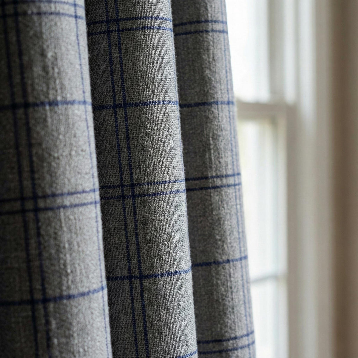 Grey Linen Curtains with Blue Windowpane Plaid, Farmhouse Drapes, Custom Size, Unlined/Cotton Lined/Blackout Option — image 2