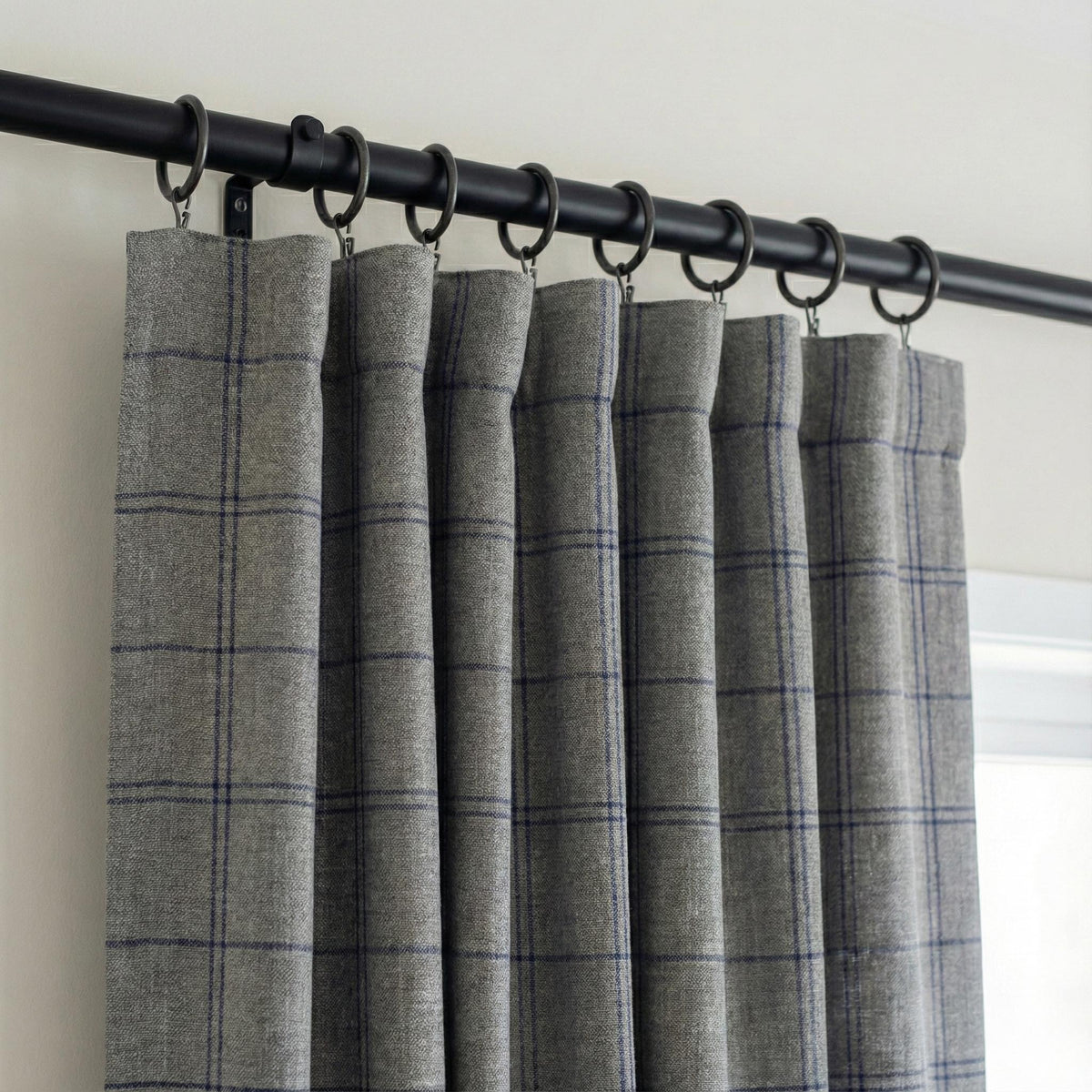 Grey Linen Curtains with Blue Windowpane Plaid, Farmhouse Drapes, Custom Size, Unlined/Cotton Lined/Blackout Option — image 1