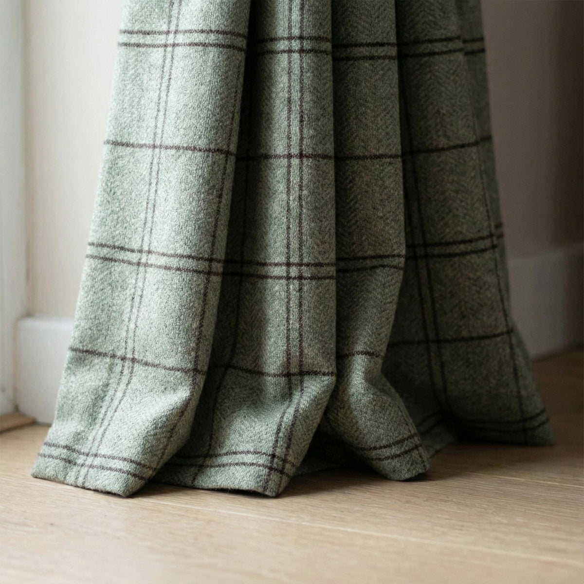 Sage Green Windowpane Linen Curtains, Herringbone Check Drapes, Custom Size, Unlined/Cotton/Blackout Lined — image 3