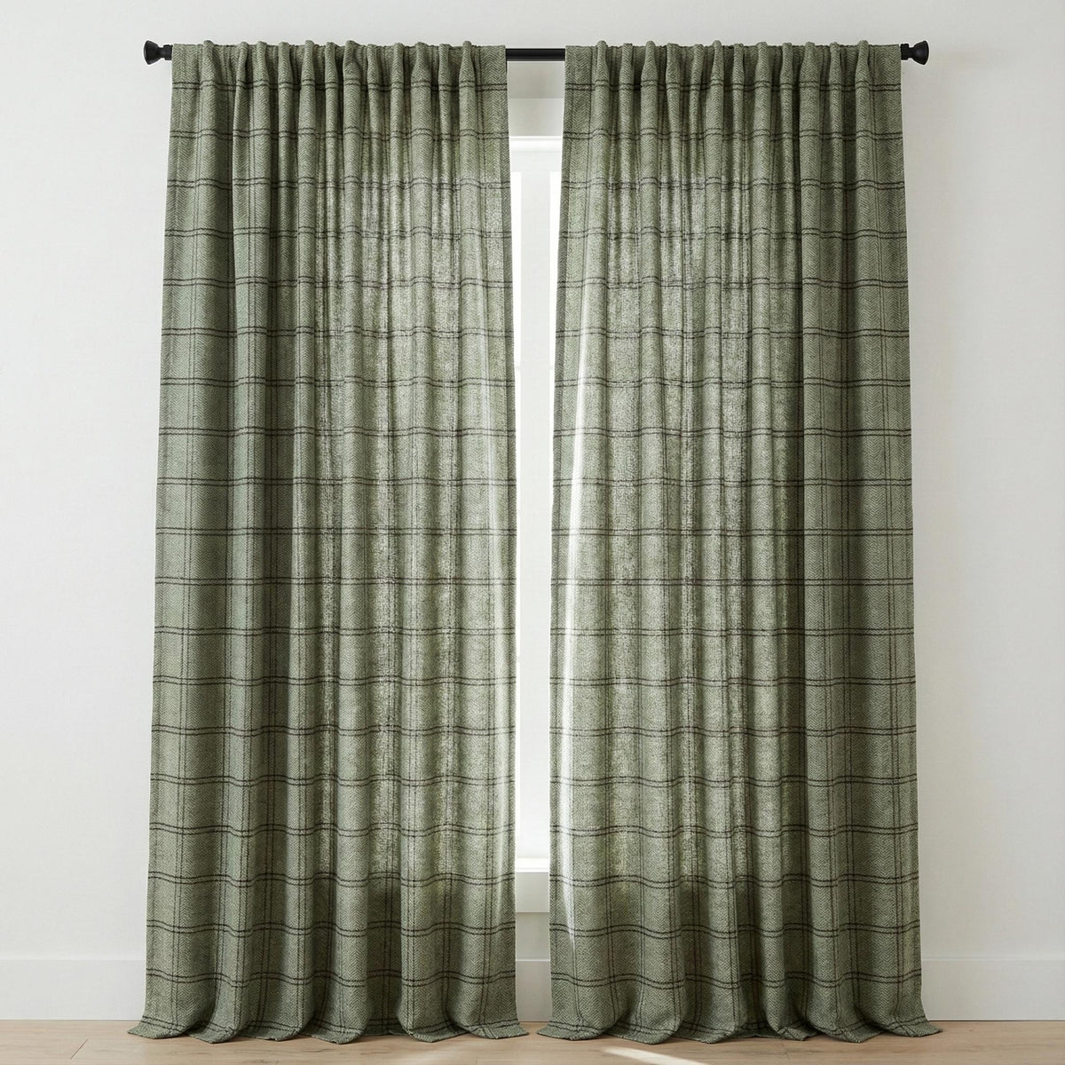 Sage Green Windowpane Linen Curtains, Herringbone Check Drapes, Custom Size, Unlined/Cotton/Blackout Lined — image 6