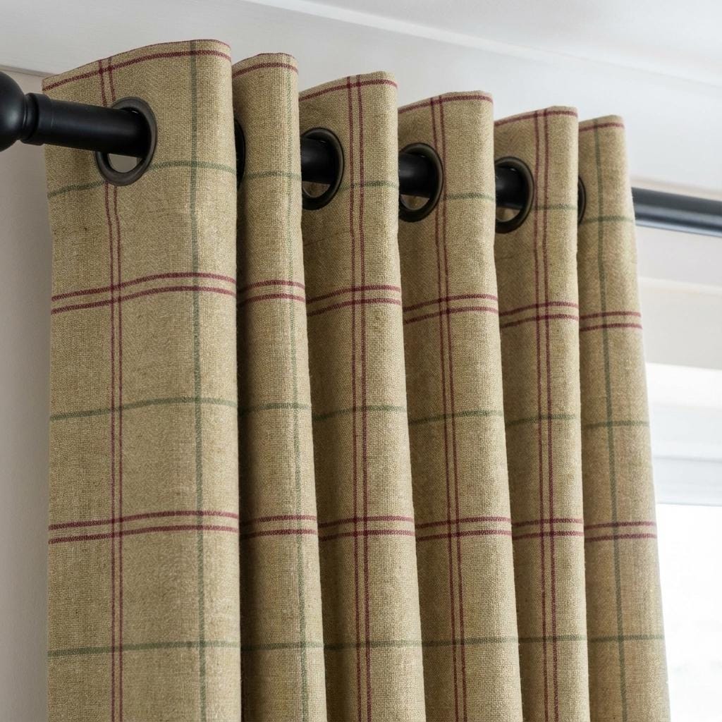 Beige Windowpane Linen Curtains, Burgundy & Sage Plaid Drapes, Farmhouse Panels, Custom Size, Unlined/Cotton/Blackout — image 1