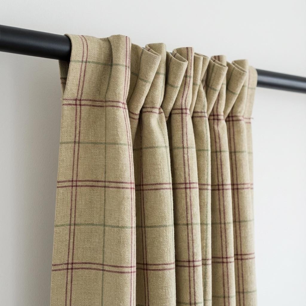 Beige Windowpane Linen Curtains, Burgundy & Sage Plaid Drapes, Farmhouse Panels, Custom Size, Unlined/Cotton/Blackout — image 8