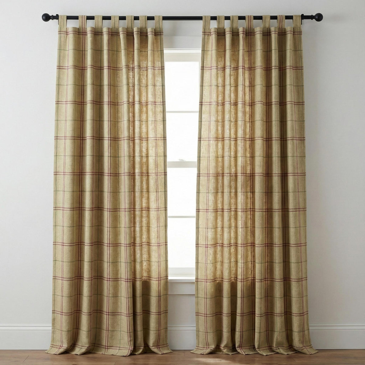 Beige Windowpane Linen Curtains, Burgundy & Sage Plaid Drapes, Farmhouse Panels, Custom Size, Unlined/Cotton/Blackout — image 9
