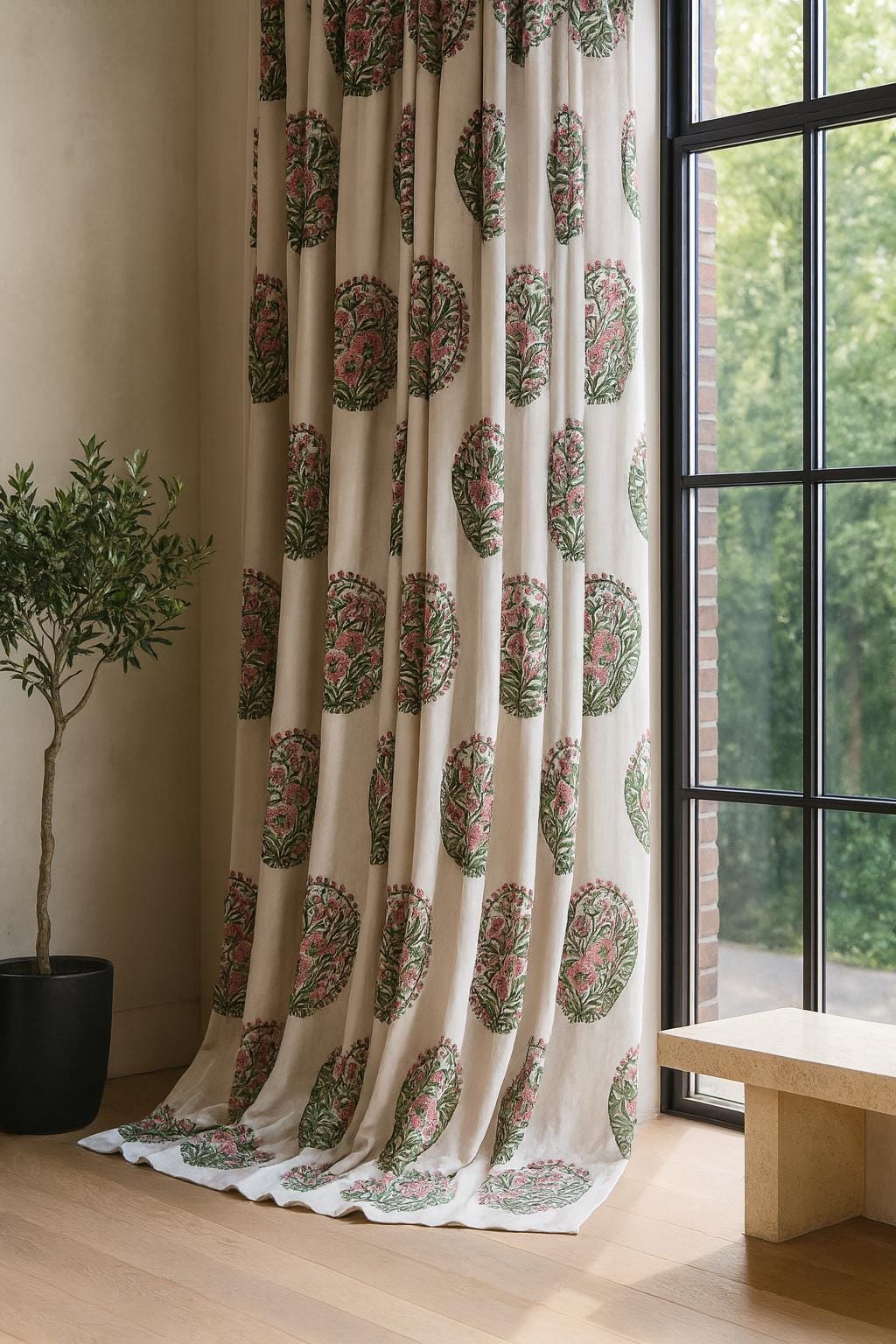 Organic Cotton Curtains - White with Pink Flowers and Leafy Green Vines — image 2