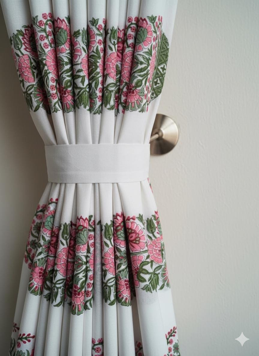 Organic Cotton Curtains - White with Pink Flowers and Leafy Green Vines — image 5