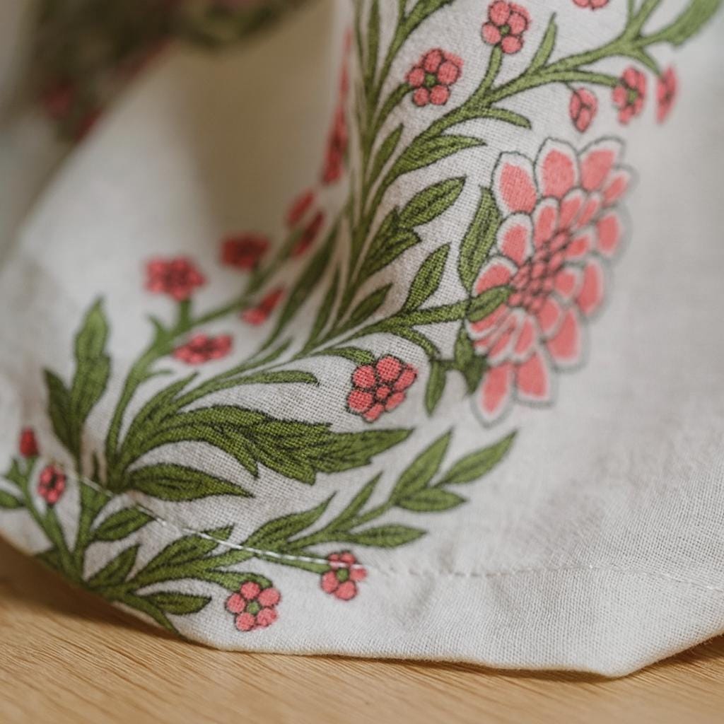 Organic Cotton Curtains - White with Pink Flowers and Leafy Green Vines — image 7