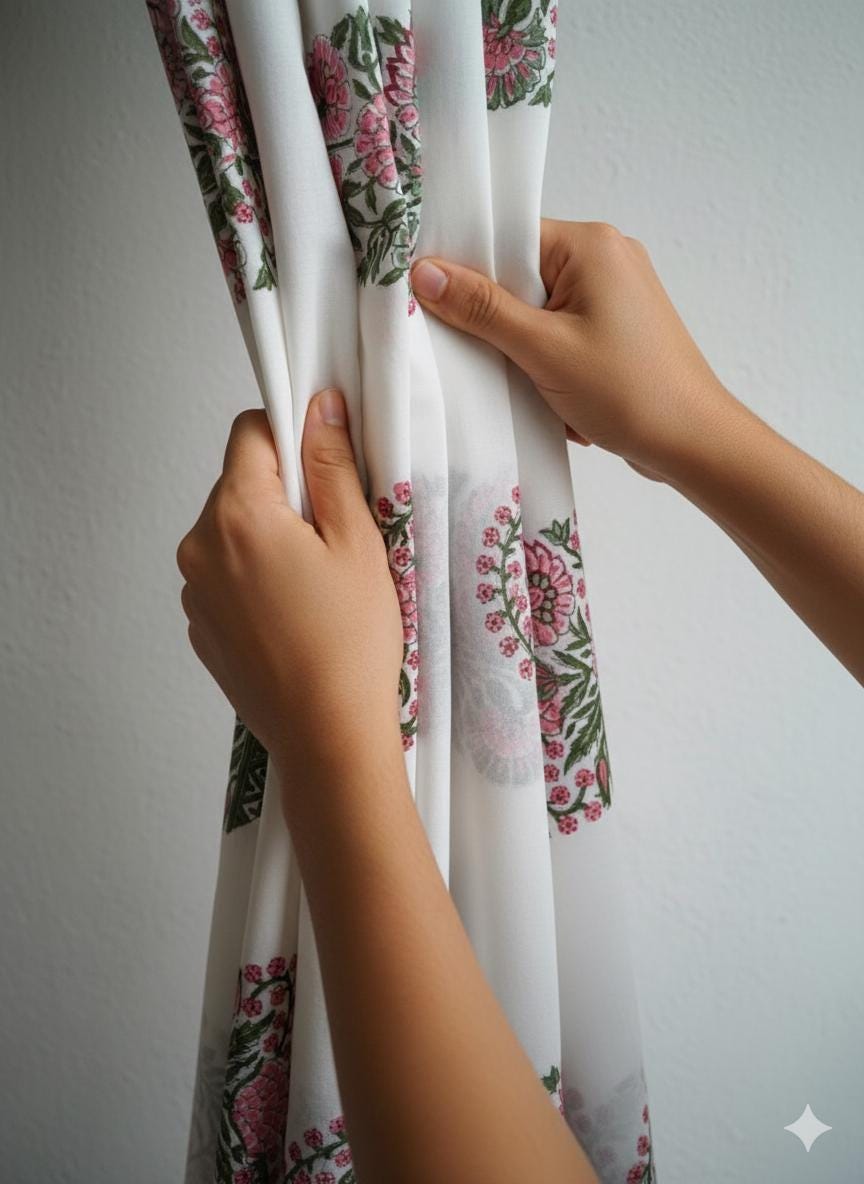 Organic Cotton Curtains - White with Pink Flowers and Leafy Green Vines — image 8