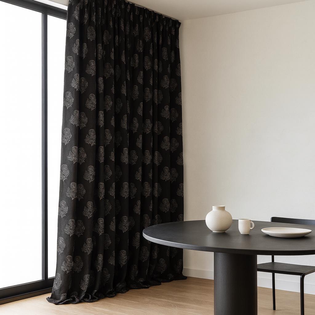 Black & White Botanical Curtains - Organic Cotton, Artisan Hand-Printed — image 1