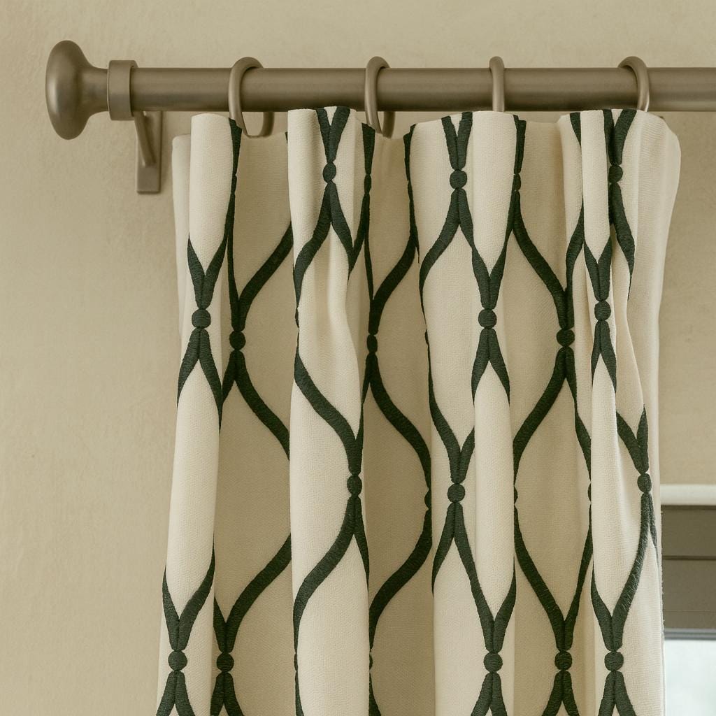 Embroidered Linen Curtains: Ivory & Charcoal Grey Ogee Lattice — image 3