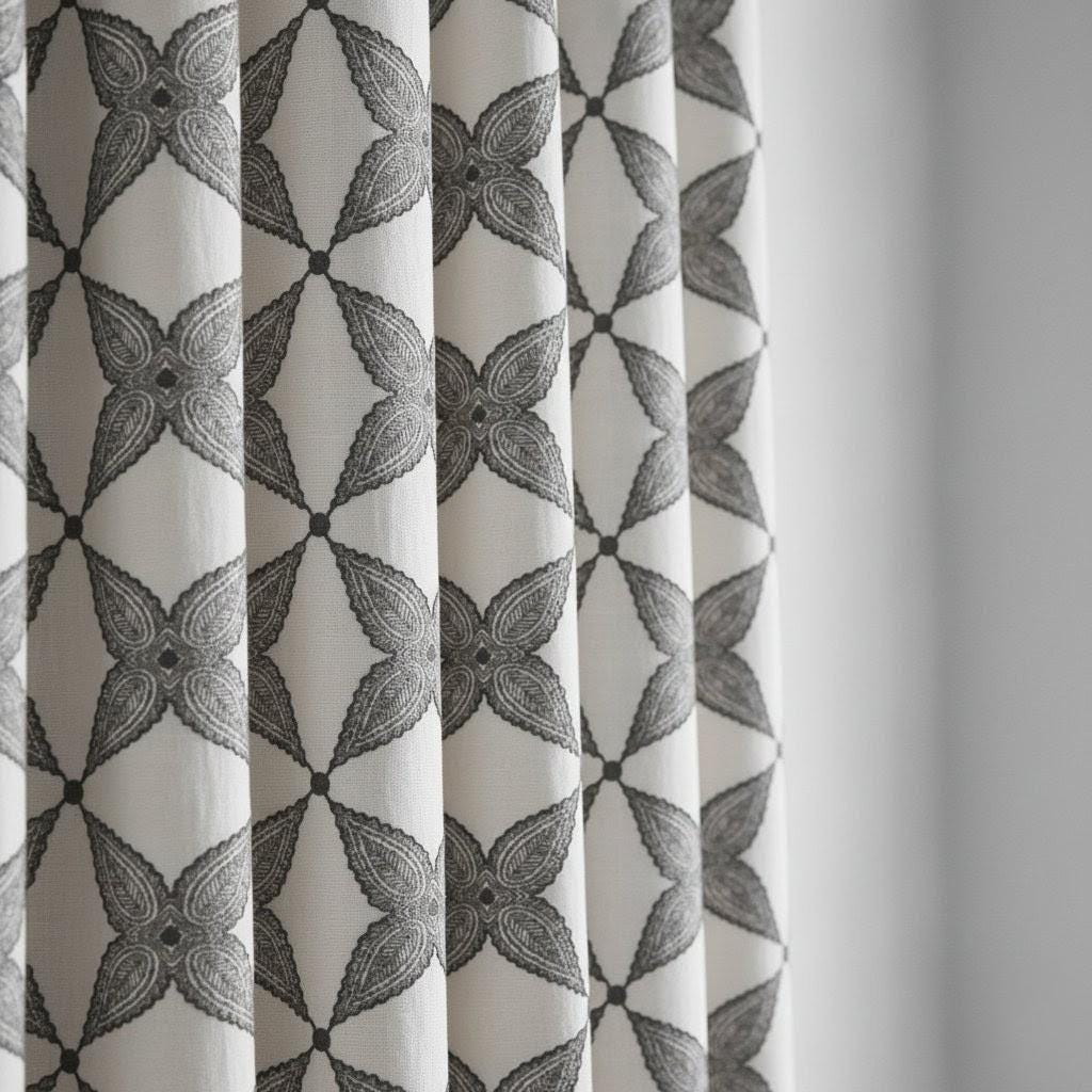 Embroidered Linen Curtain Panels, White with Charcoal Lattice (Custom Lengths) — image 1