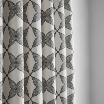 Embroidered Linen Curtain Panels, White with Charcoal Lattice (Custom Lengths) — image 1