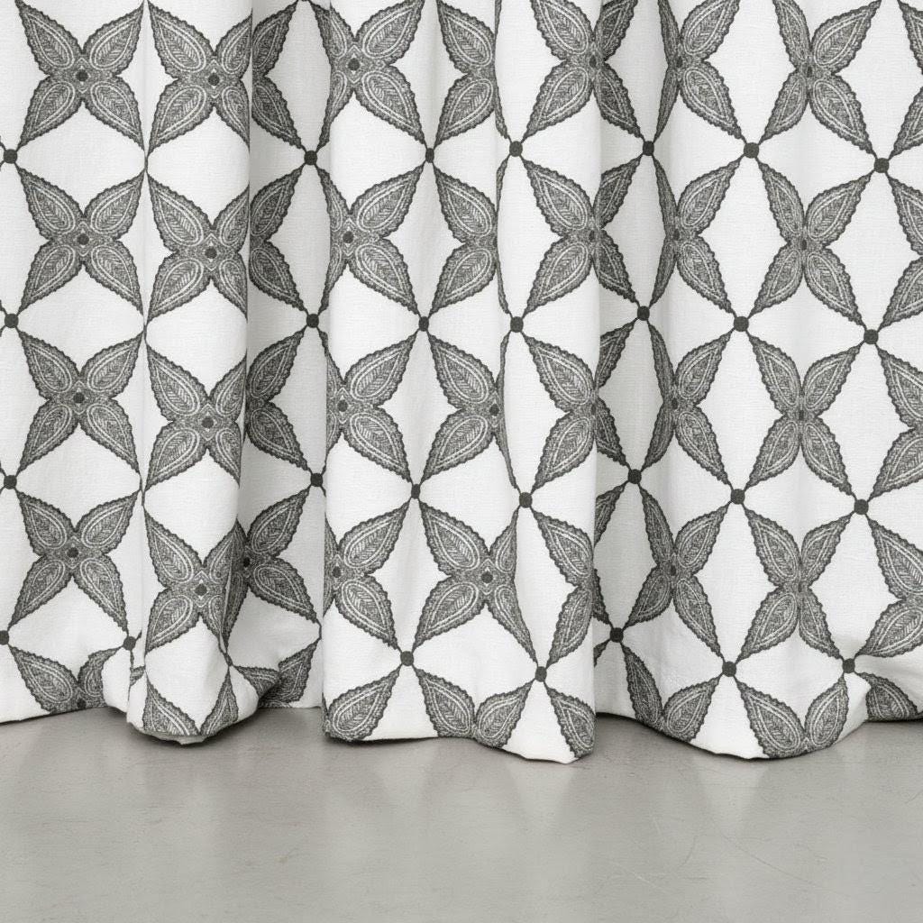 Embroidered Linen Curtain Panels, White with Charcoal Lattice (Custom Lengths) — image 2