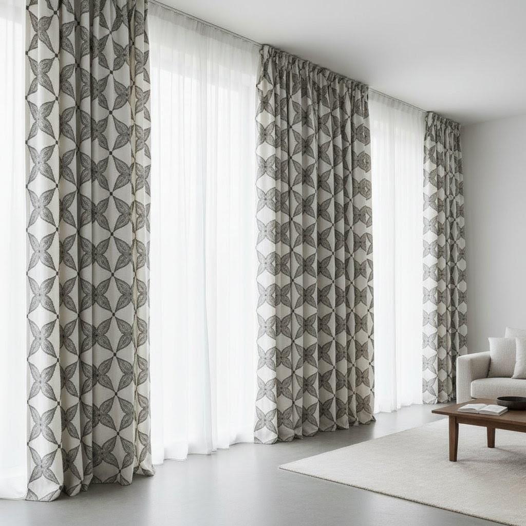 Embroidered Linen Curtain Panels, White with Charcoal Lattice (Custom Lengths) — image 3