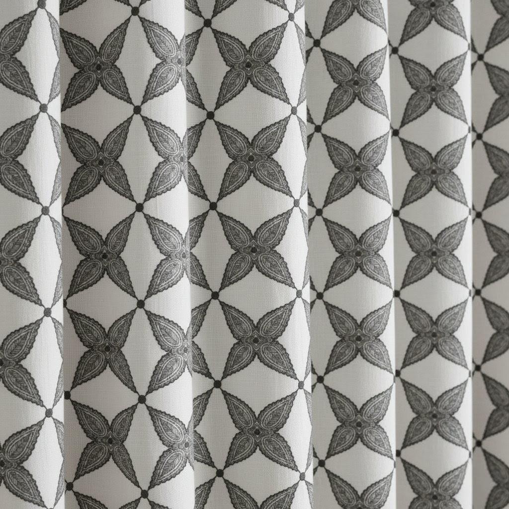 Embroidered Linen Curtain Panels, White with Charcoal Lattice (Custom Lengths) — image 5