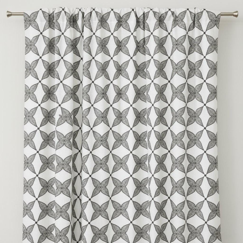 Embroidered Linen Curtain Panels, White with Charcoal Lattice (Custom Lengths) — image 6
