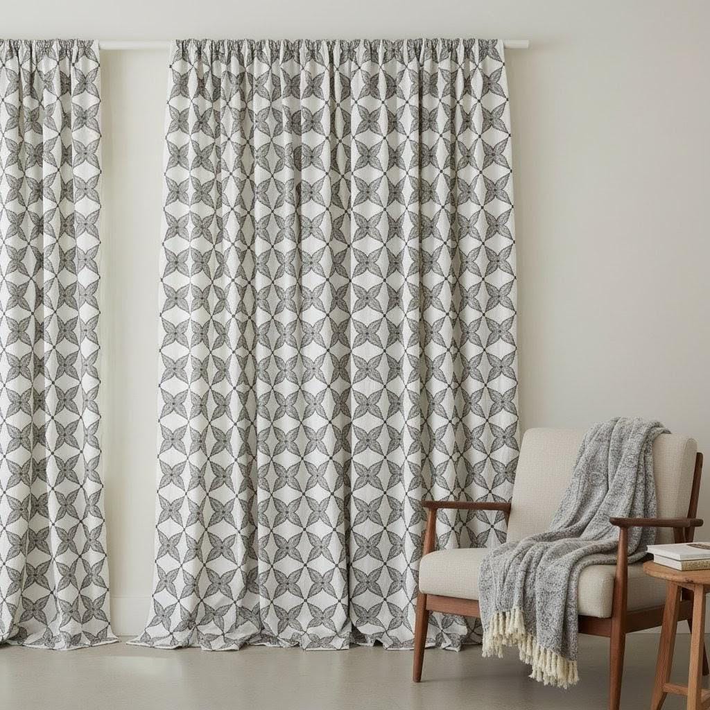 Embroidered Linen Curtain Panels, White with Charcoal Lattice (Custom Lengths) — image 9