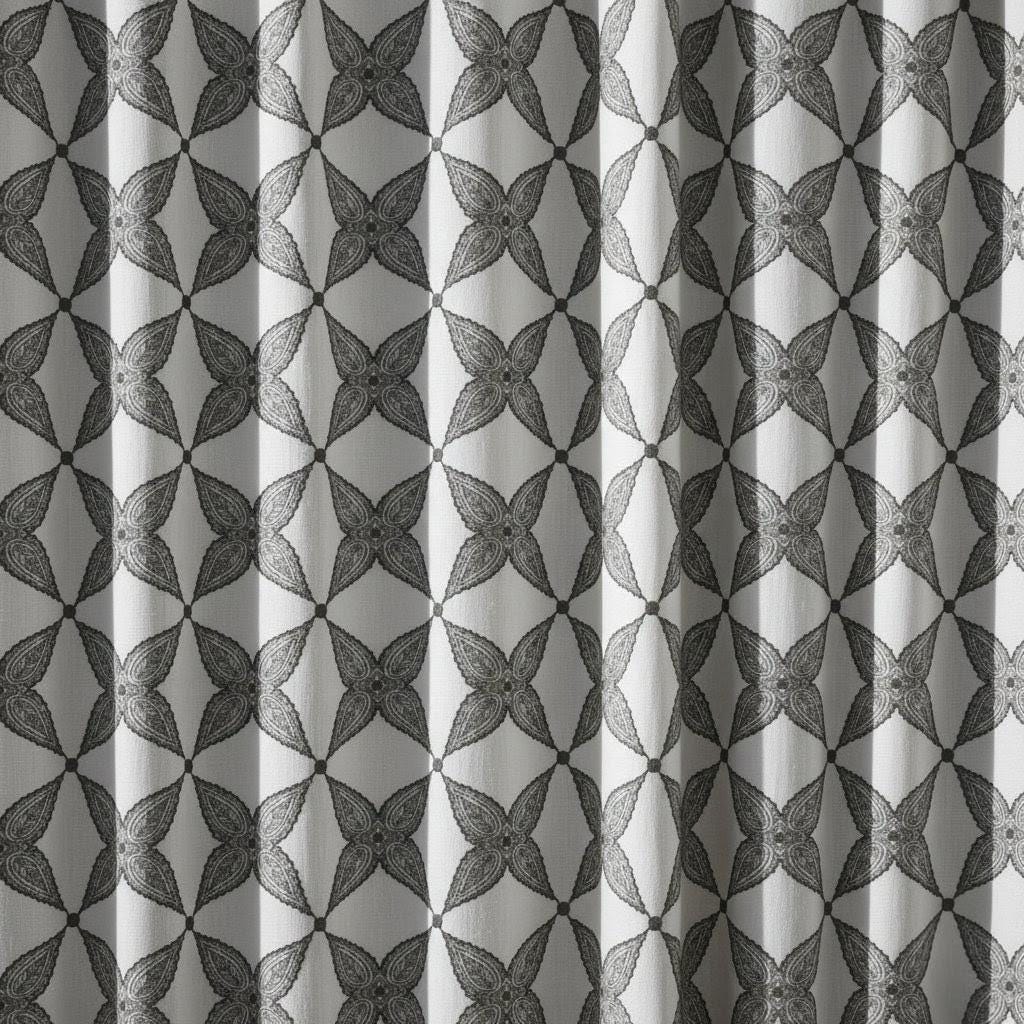 Embroidered Linen Curtain Panels, White with Charcoal Lattice (Custom Lengths) — image 10