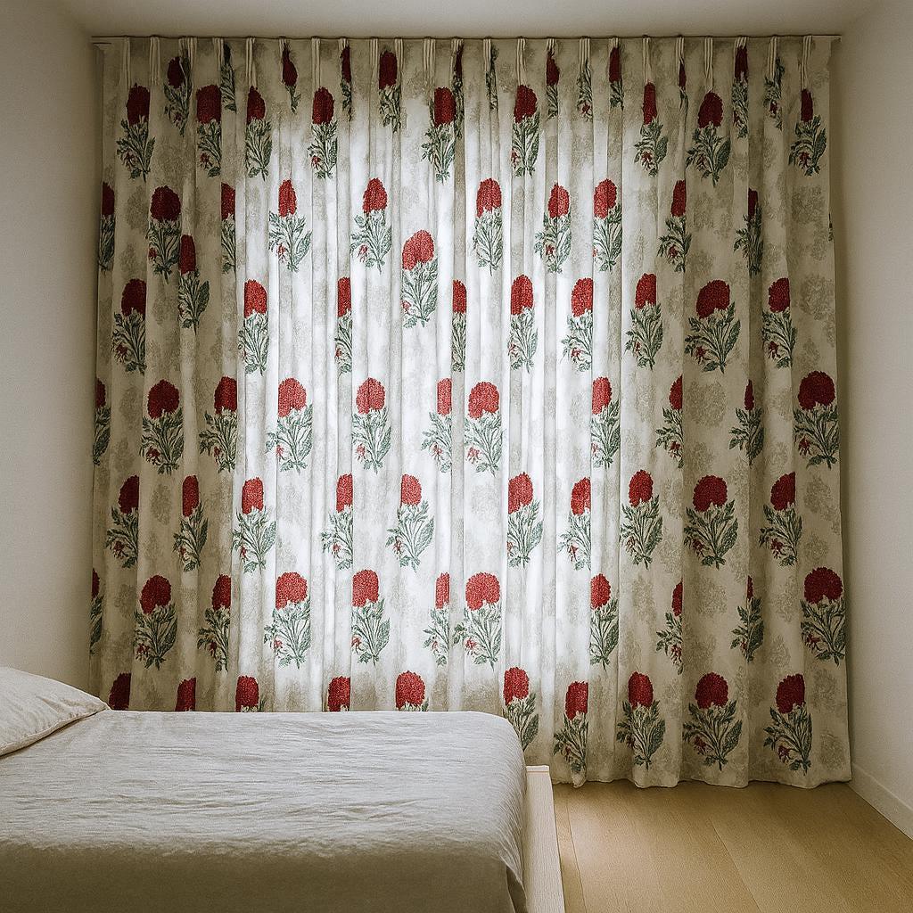 Indian Hand Block Printed Curtains, Red Floral on White (Organic Cotton) — image 2