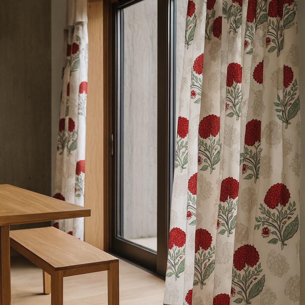 Indian Hand Block Printed Curtains, Red Floral on White (Organic Cotton) — image 3