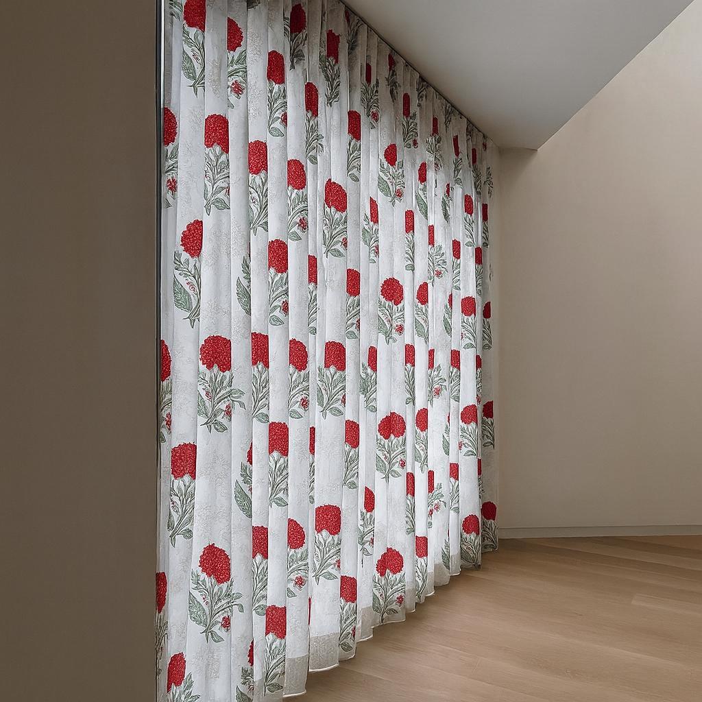 Indian Hand Block Printed Curtains, Red Floral on White (Organic Cotton) — image 4