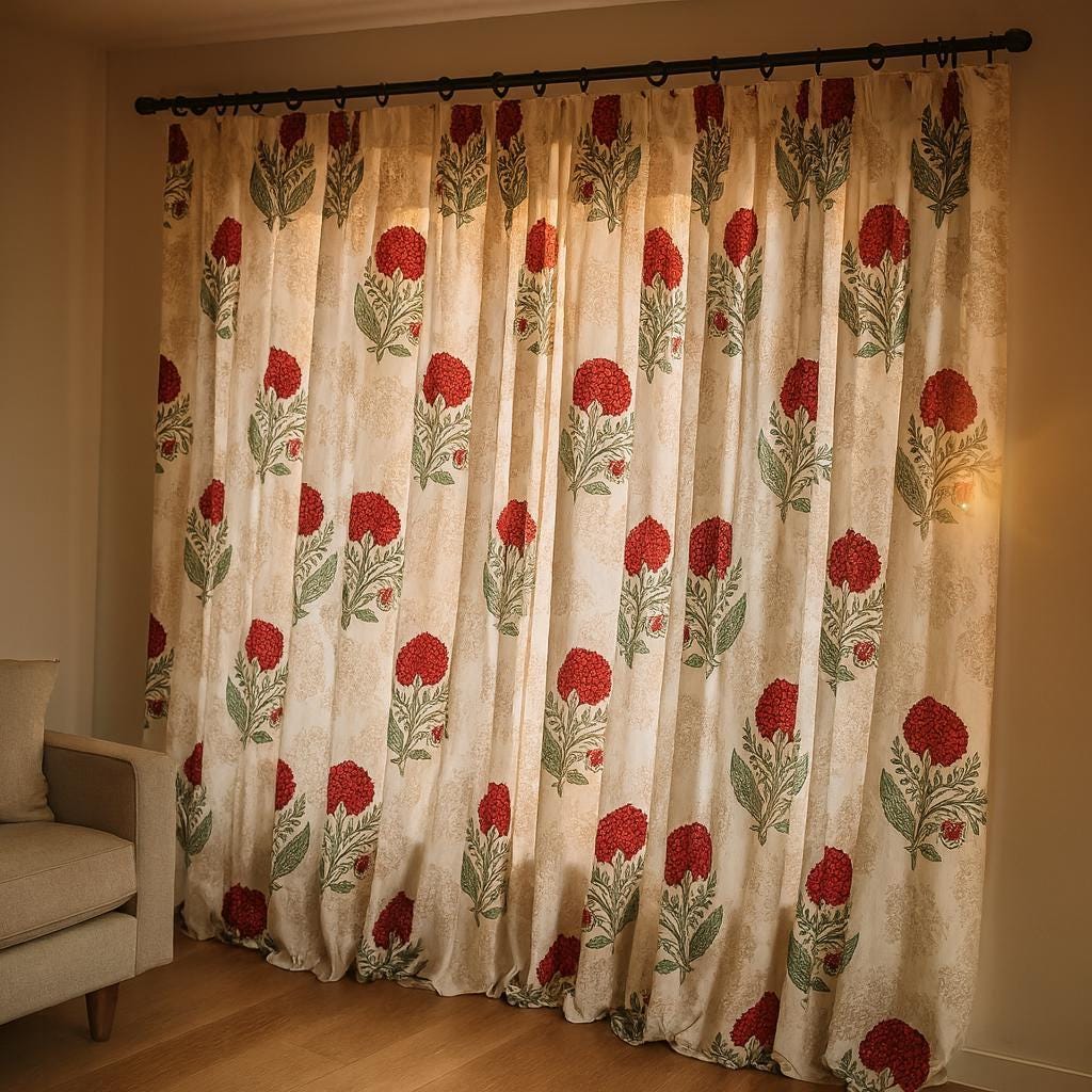 Indian Hand Block Printed Curtains, Red Floral on White (Organic Cotton) — image 5