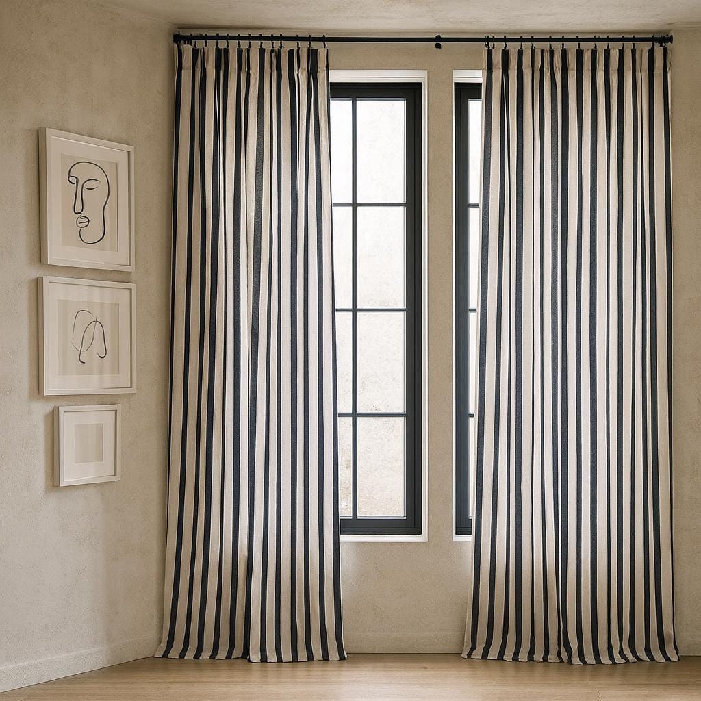 Hand Block Printed Curtains - Organic Cotton, Black & White Stripes — image 6