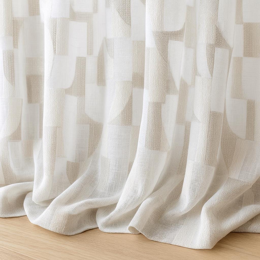 Organic Linen Sheer Curtain: White with Grey Geometric Embroidery — image 1