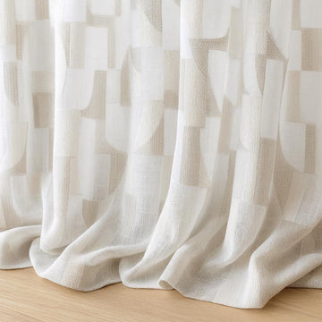 Organic Linen Sheer Curtain: White with Grey Geometric Embroidery — image 1