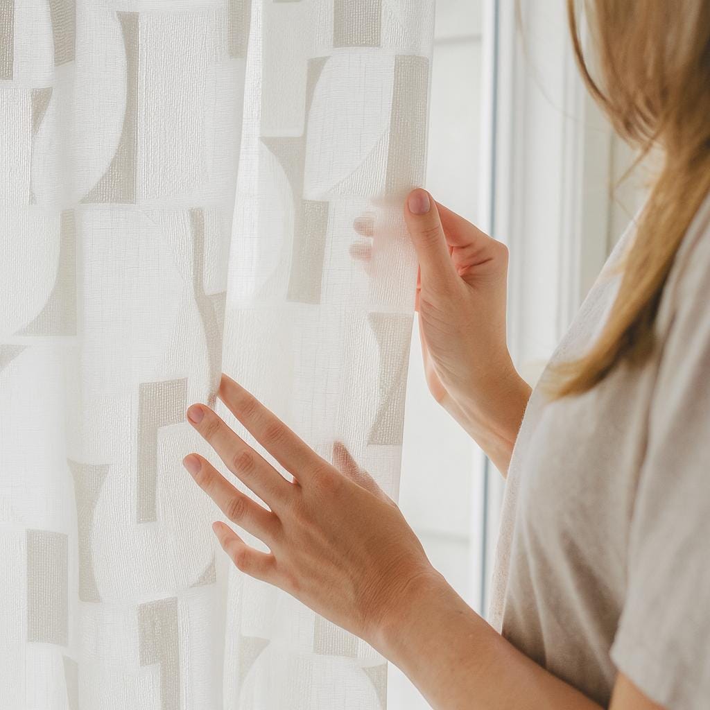 Organic Linen Sheer Curtain: White with Grey Geometric Embroidery — image 3