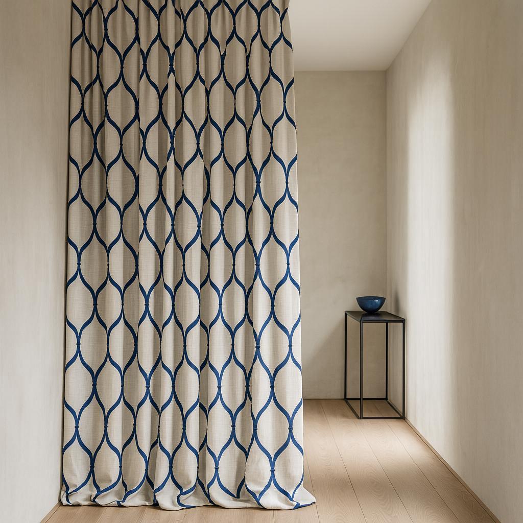 Linen Curtains: Navy Ogee Trellis on White (Single or Pair, Custom) — image 1