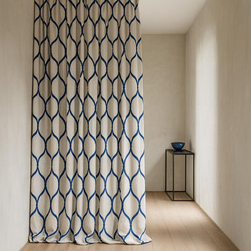 Linen Curtains: Navy Ogee Trellis on White (Single or Pair, Custom) — image 1