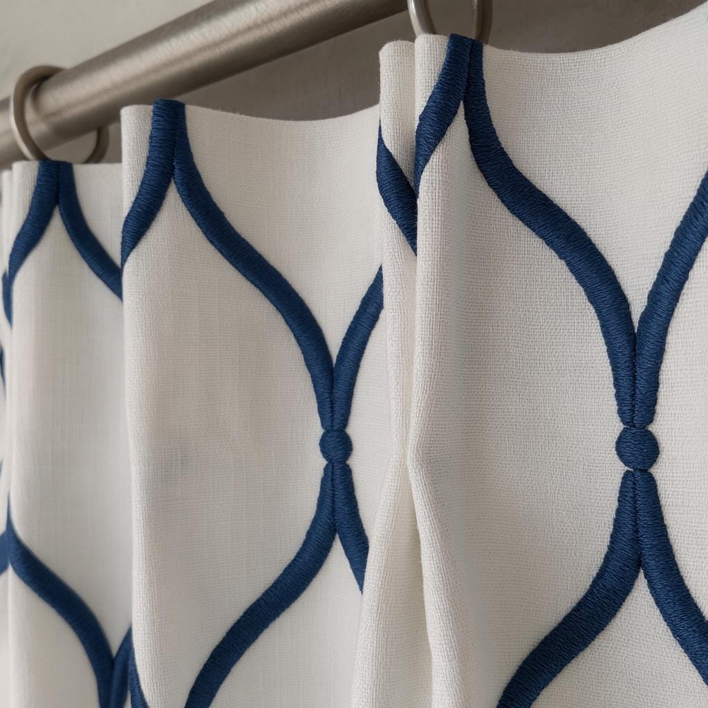 Linen Curtains: Navy Ogee Trellis on White (Single or Pair, Custom) — image 4
