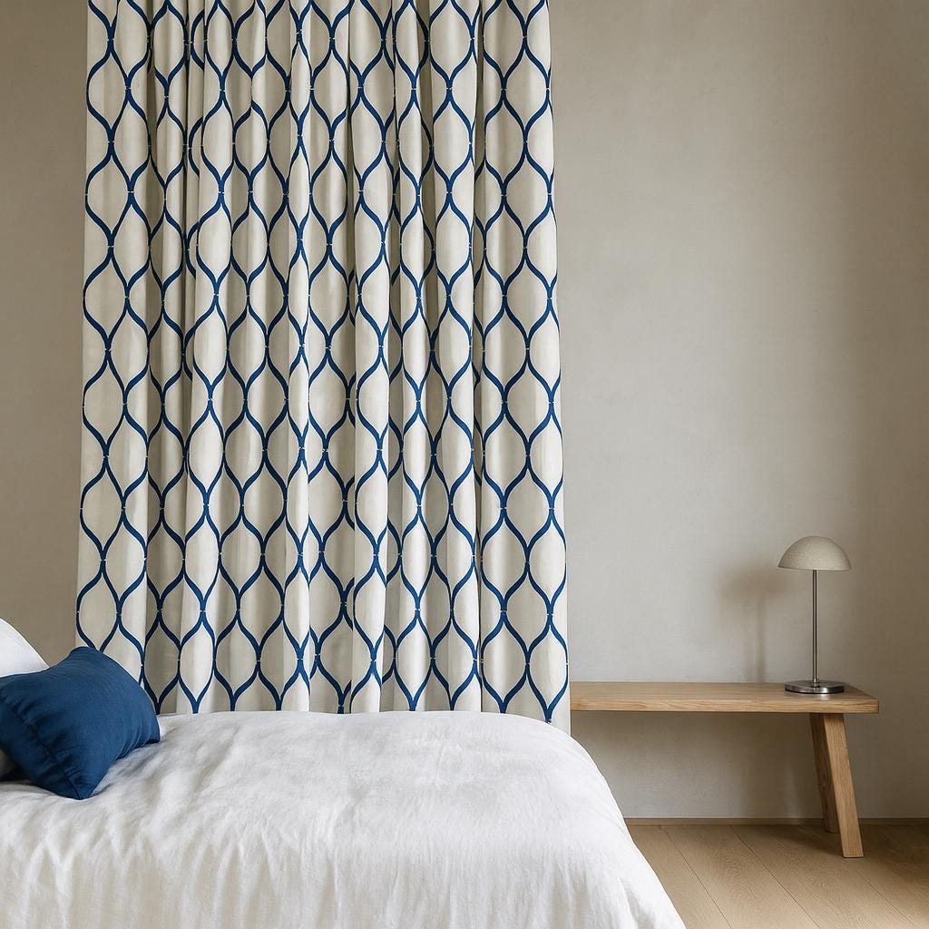 Linen Curtains: Navy Ogee Trellis on White (Single or Pair, Custom) — image 5