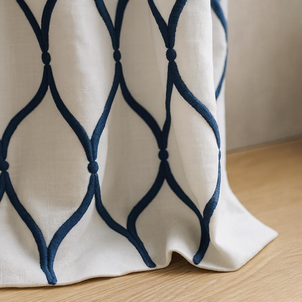 Linen Curtains: Navy Ogee Trellis on White (Single or Pair, Custom) — image 6