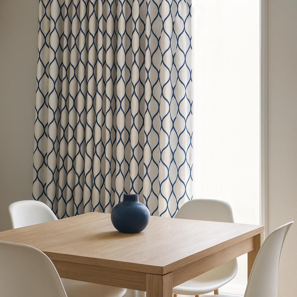 Linen Curtains: Navy Ogee Trellis on White (Single or Pair, Custom) — image 7