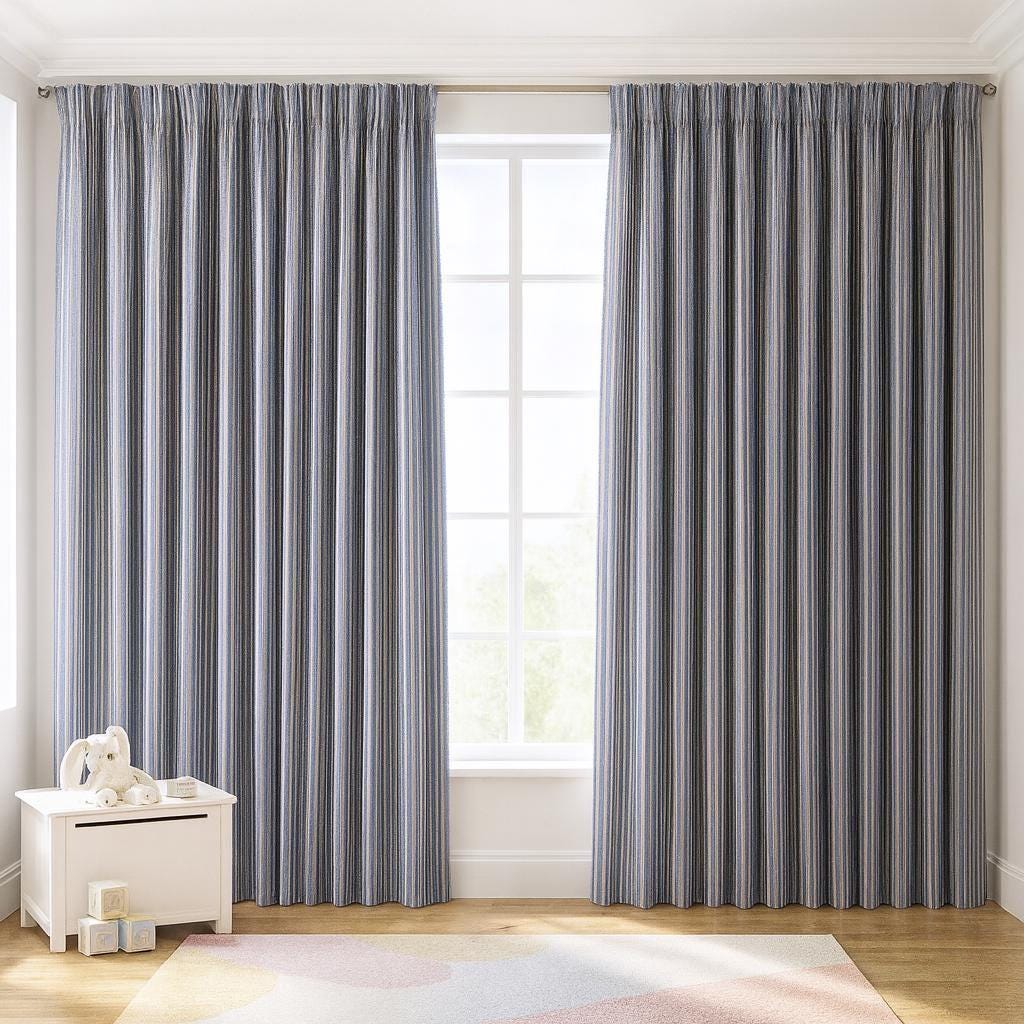 Organic Cotton Nursery Curtains: Steel Blue Pinstripes, Blackout or Light-Filtering — image 1