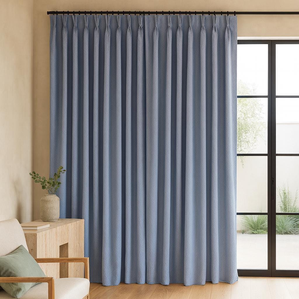 Linen Curtains: Sky Blue Herringbone (Pinch Pleat, Custom Lengths) — image 4