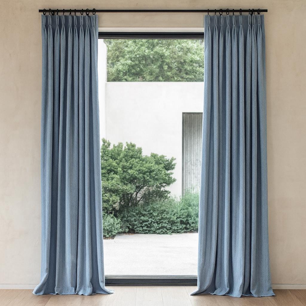 Linen Curtains: Sky Blue Herringbone (Pinch Pleat, Custom Lengths) — image 5