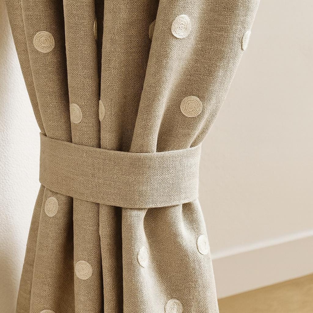 Embroidered Linen Curtains: Greige Polka Dots - Blackout or Light Filtering — image 1