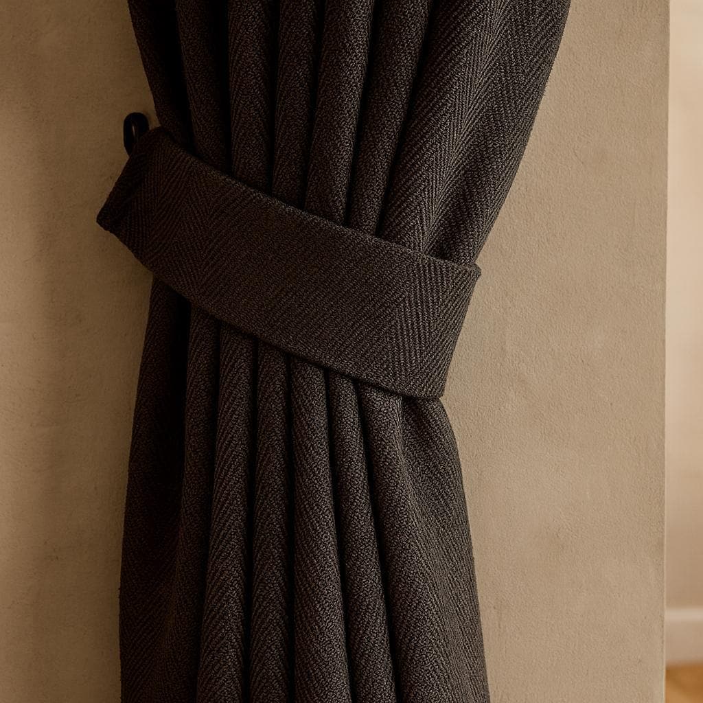 Charcoal Linen Pinch Pleat Curtains, Herringbone Chevron (Custom Widths 25-100in) — image 2