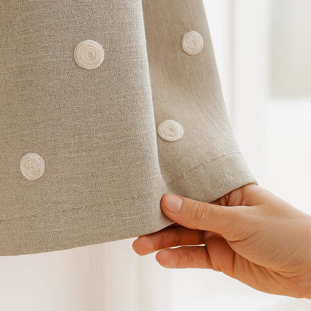 Embroidered Linen Curtains: Greige Polka Dots - Blackout or Light Filtering — image 3