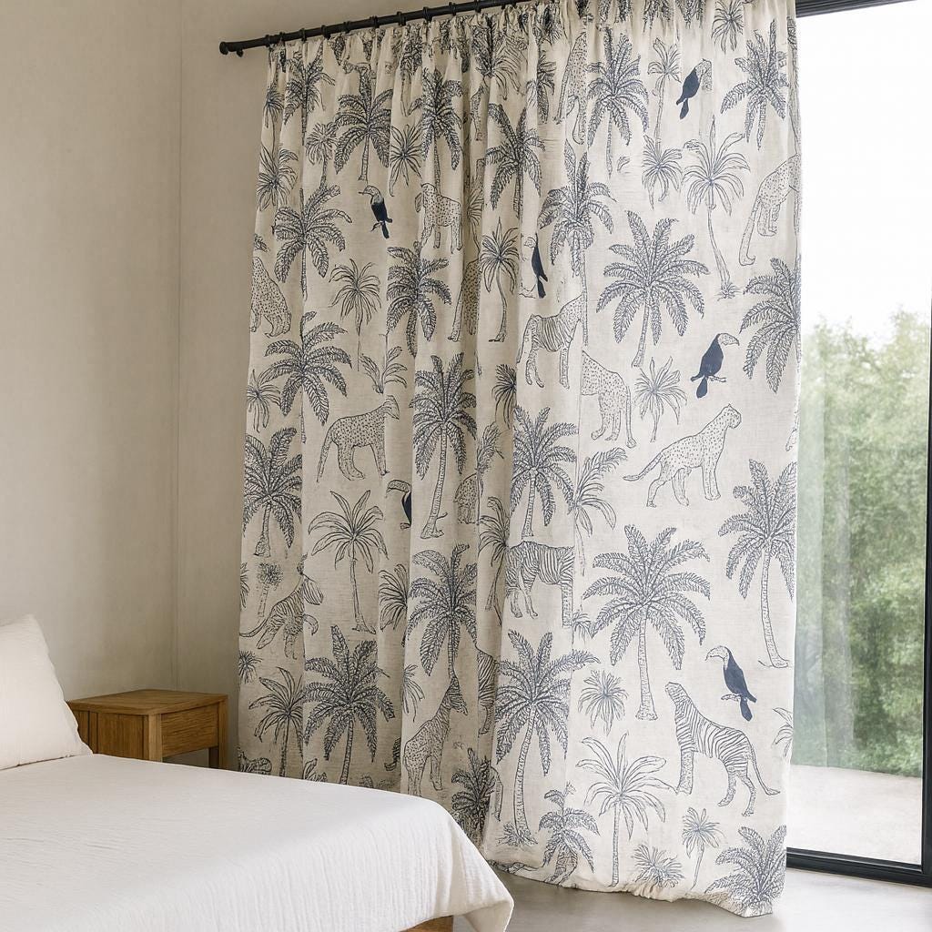 Organic Cotton Safari Curtains - Hand Block-Printed Navy Animals — image 1