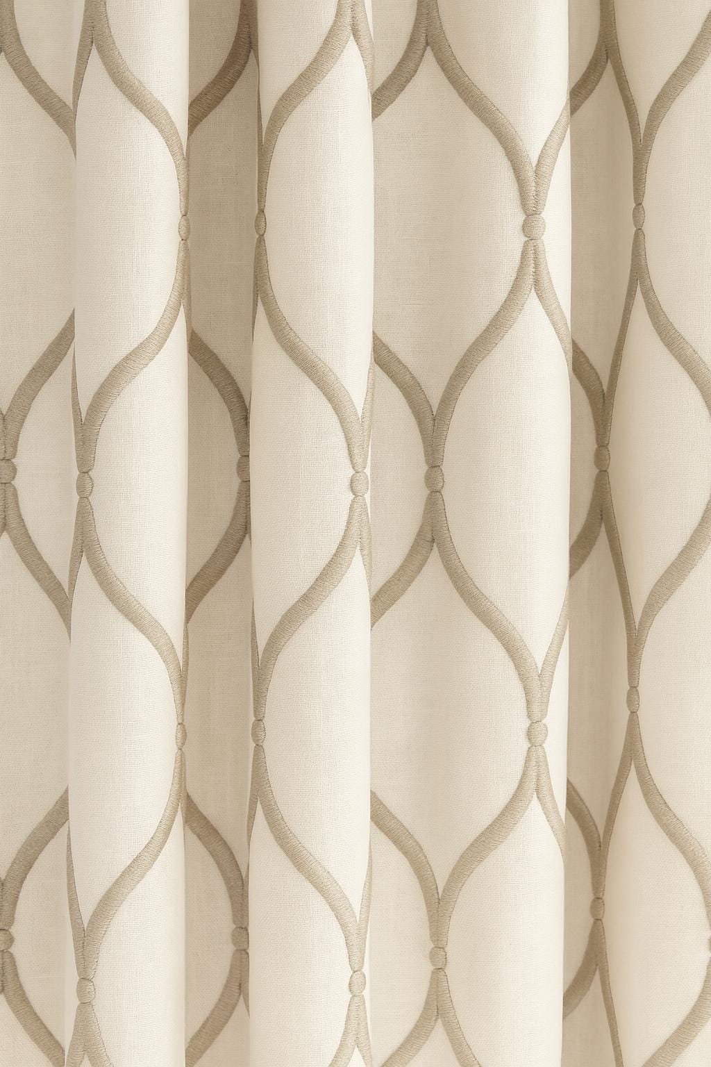Organic Linen Curtain Panel, Ivory Taupe Ogee Embroidery (Custom Sizes) — image 1