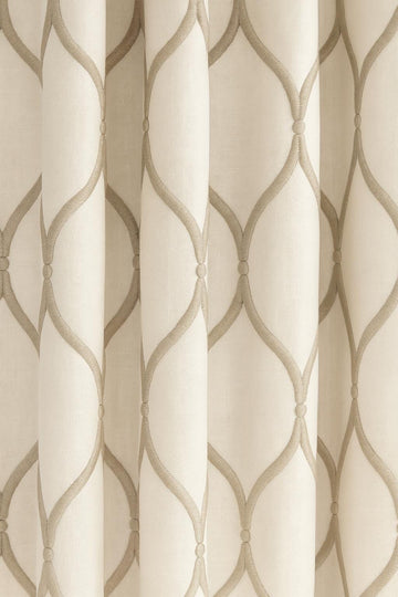 Organic Linen Curtain Panel, Ivory Taupe Ogee Embroidery (Custom Sizes) — image 1