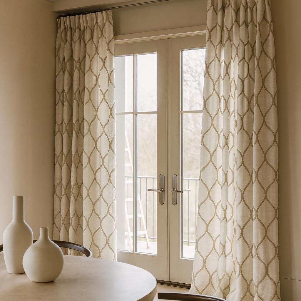 Organic Linen Curtain Panel, Ivory Taupe Ogee Embroidery (Custom Sizes) — image 2